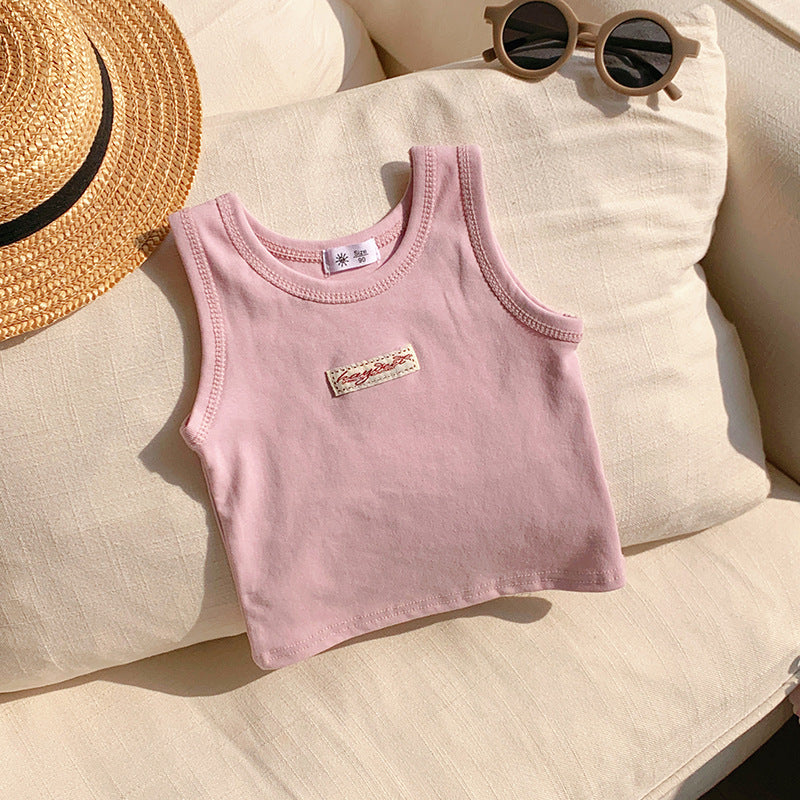 【90-150】ワンポイントワッペンノースリーブトップス