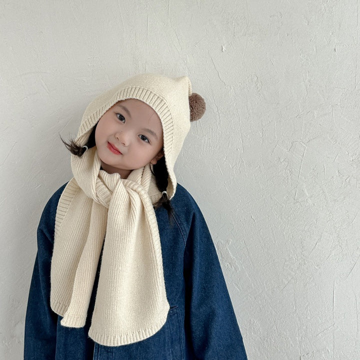 ポンポンフード付きマフラー