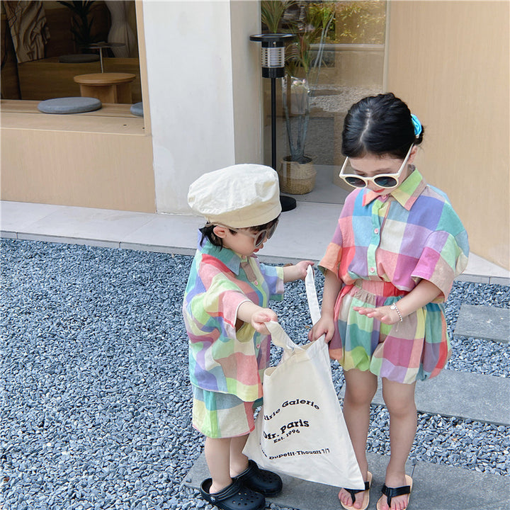【90-140】カラフルチェックシャツセットアップ