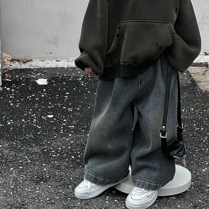 【90-140】裏起毛ワイドデニムパンツ