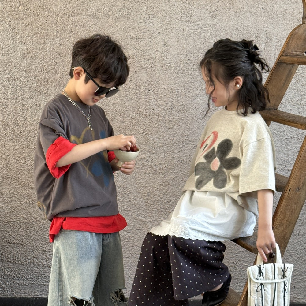 【90-150】ハート＆フラワーTシャツ