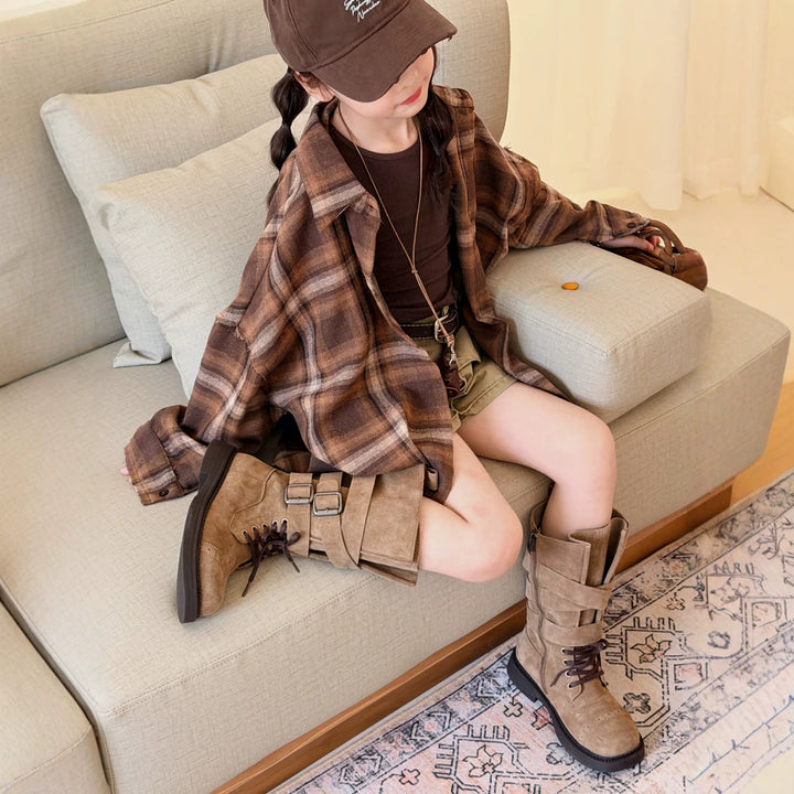 【100-150】裾フリンジチェック柄シャツ