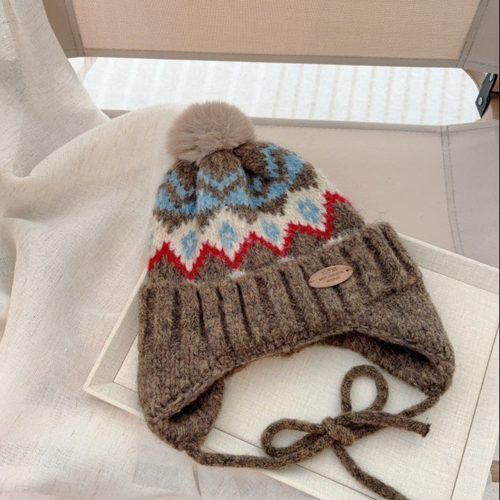 【48-52cm】ポンポン付きフェアアイル柄ニット帽
