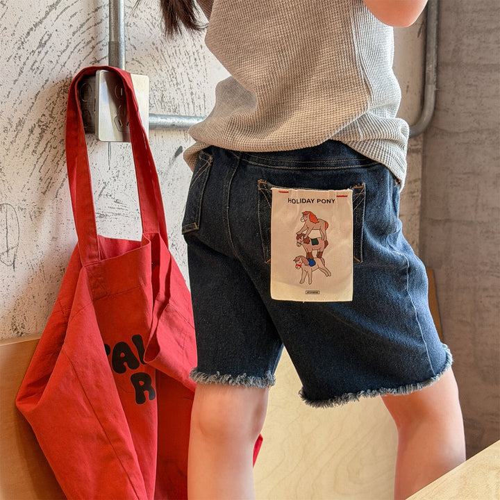 【80-130】バックポケットタグハーフデニムパンツ