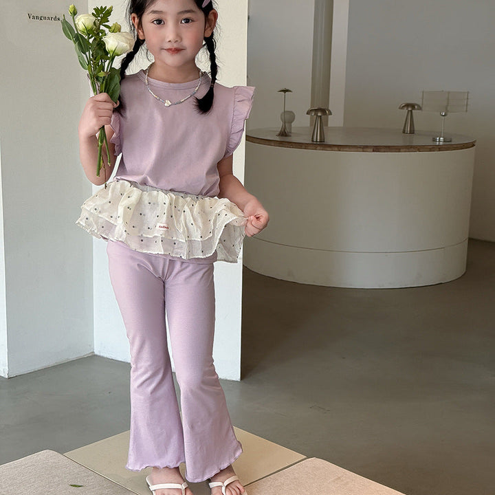 【90-140】ショルダーフリルノースリーブ×フレアパンツセット