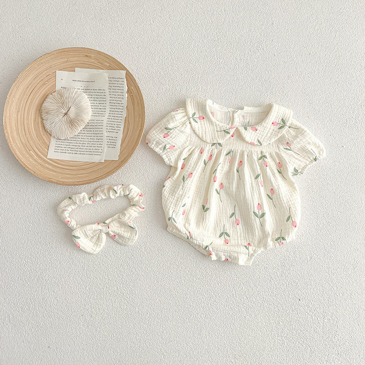 【73-100】襟付きチューリップ柄ロンパース