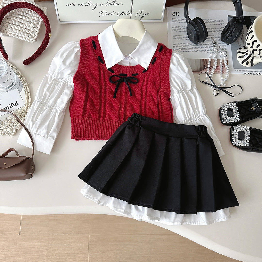 【90-140】ブラウス×ニットベスト×プリーツスカートセット