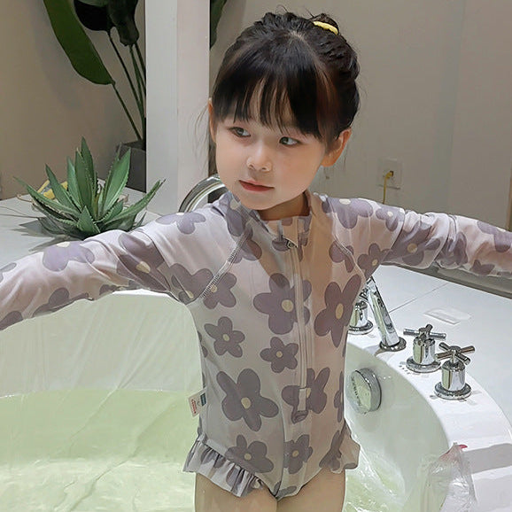 【90-140】ハーフジップ総柄ロングスリーブスイムウェア