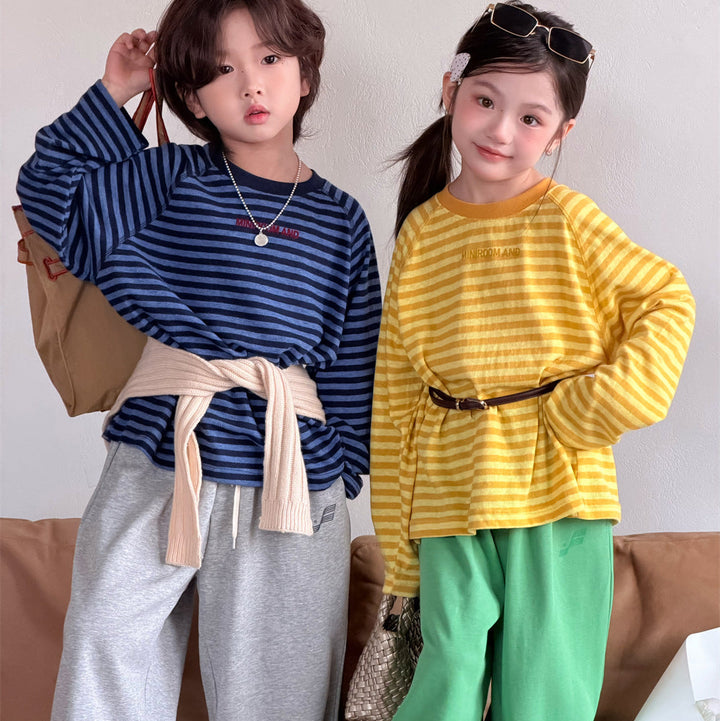 【90-150】ボーダーミニ英字ロゴ長袖Tシャツ