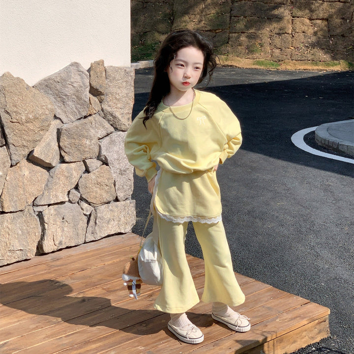 【90-140】トレーナー×レイヤード風フレアパンツセット