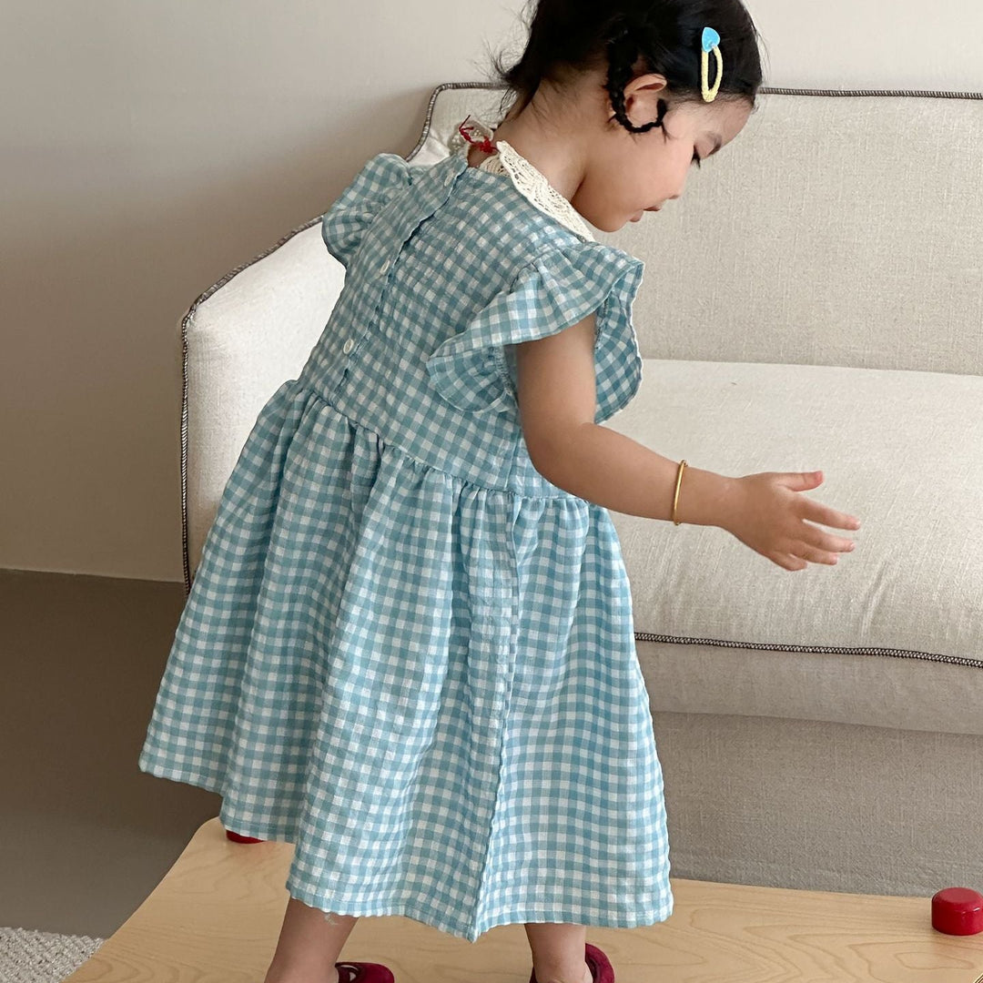【80-150】レースカラーギンガムチェックワンピース