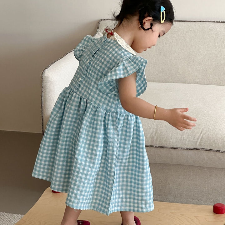 【80-150】レースカラーギンガムチェックワンピース