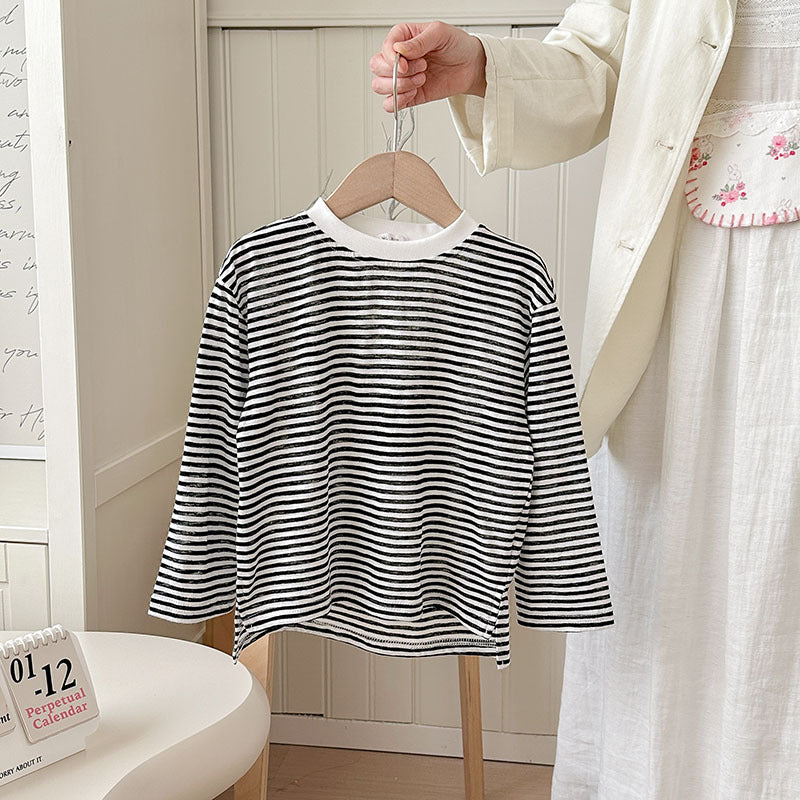 【90-150】ボーダー柄シンプルロングTシャツ