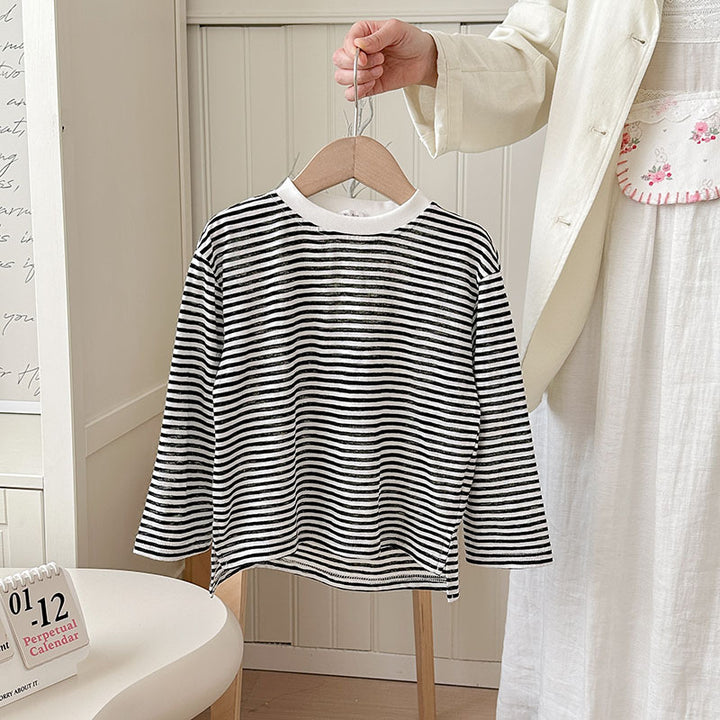 【90-150】ボーダー柄シンプルロングTシャツ