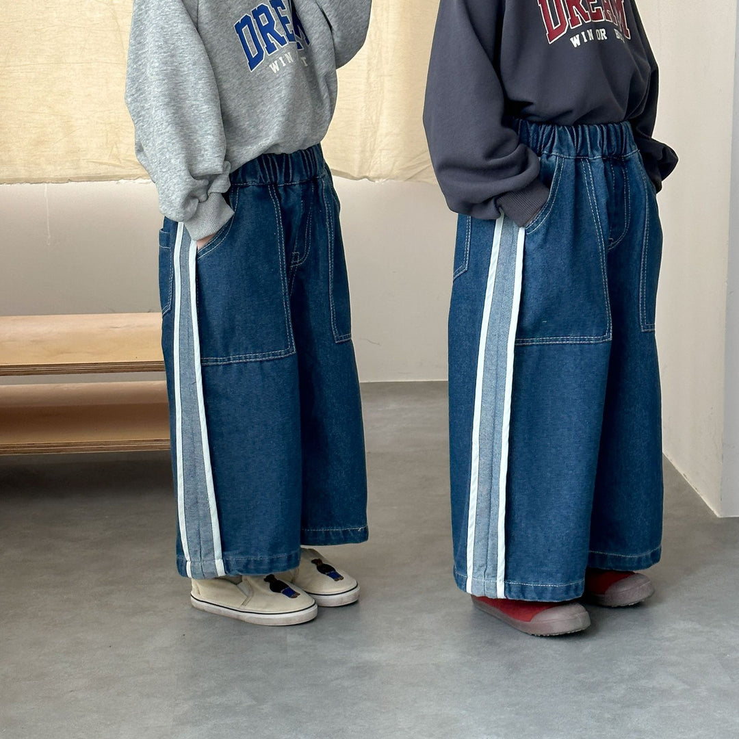 【80-150】ラインデザインワイドデニムパンツ