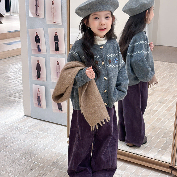 【90-150】花柄＆ボタンデザインカーディガン