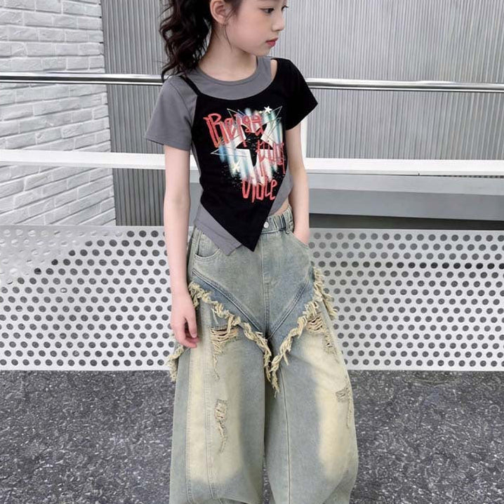 【120-150】カットオフデザインユーズド風デニムパンツ