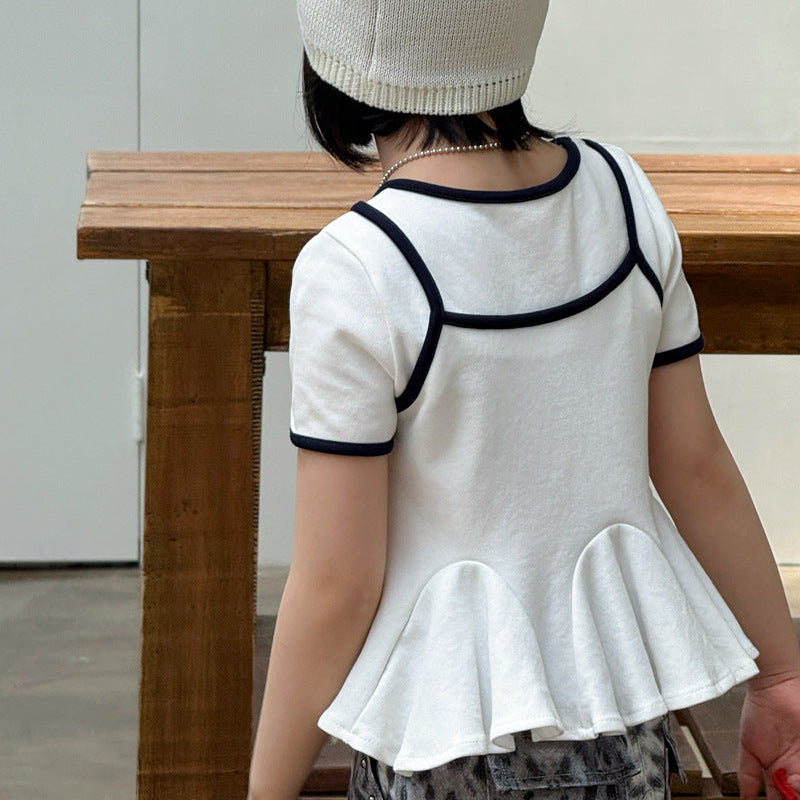 【120-140】ウエストフリルレイヤード風Tシャツ