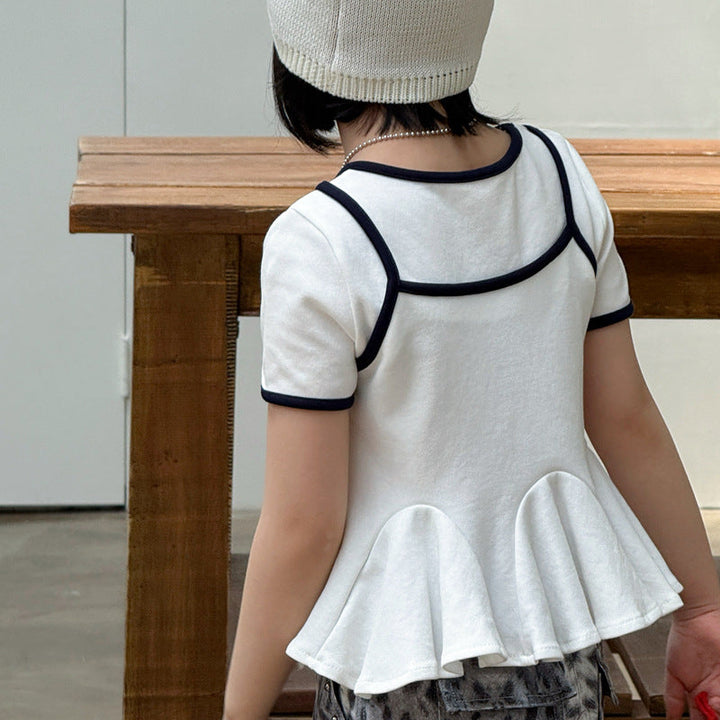 【120-140】ウエストフリルレイヤード風Tシャツ