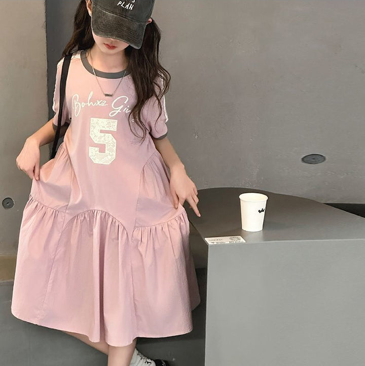 【120-150】デザイン切替半袖カジュアルワンピース