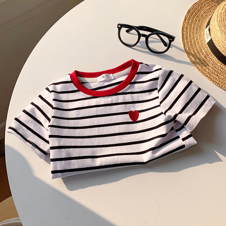 【90-150】ボーダー柄ワンポイントハートTシャツ