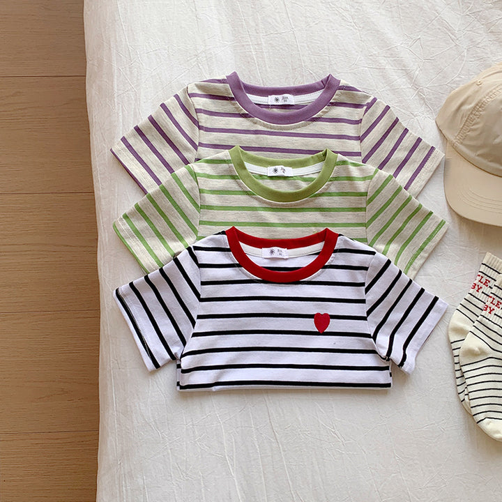 【90-150】ボーダー柄ワンポイントハートTシャツ