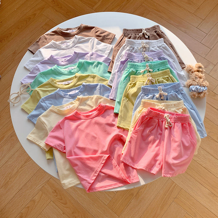 【90-150】シンプルカラーTシャツ×ハーフパンツセット