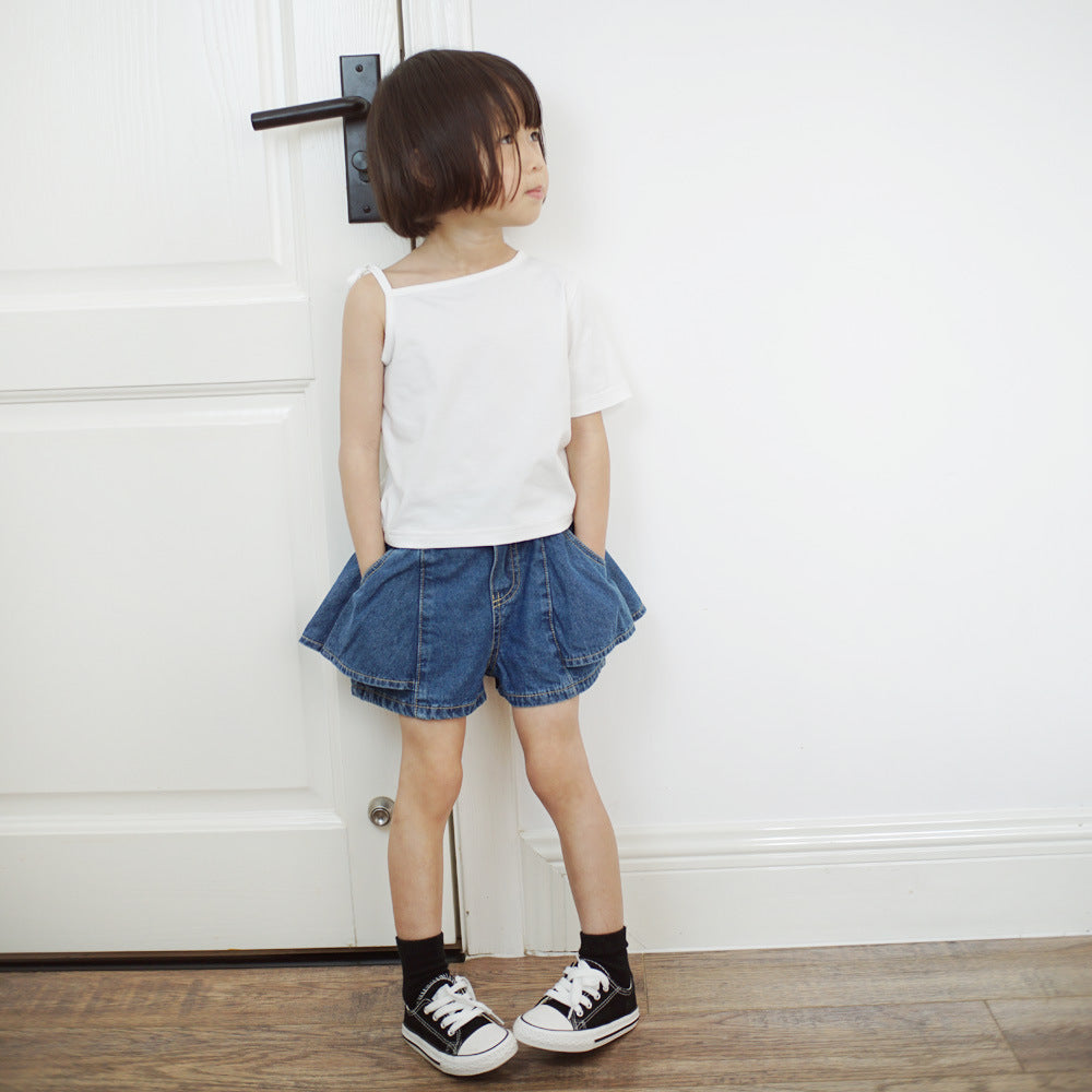 【90-140】フレアデザインデニムショートパンツ