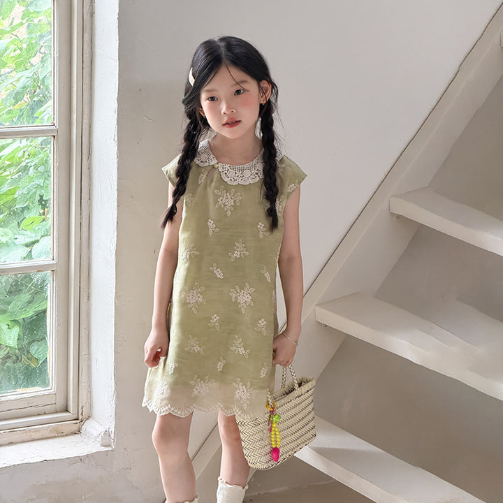 【100-150】レースカラー花柄刺繍ワンピース