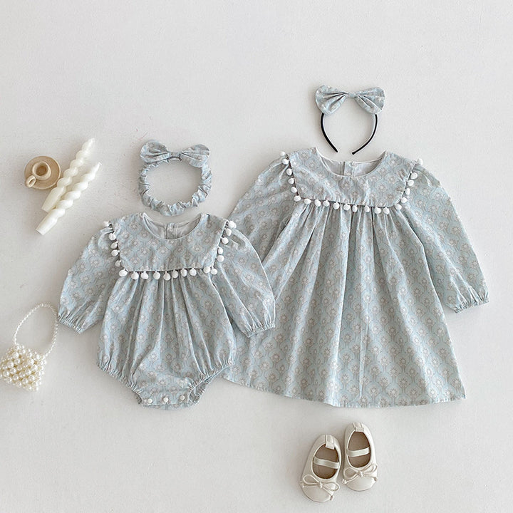 【90-140】ミニポンポンデザイン長袖ワンピース