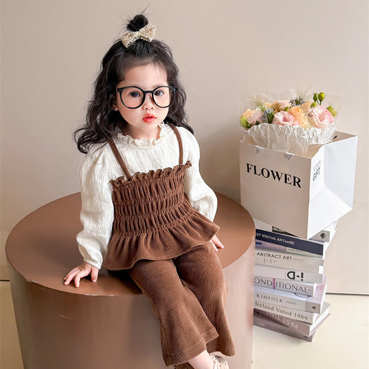 【90-140】レイヤード風トップス×フレアロングパンツセット