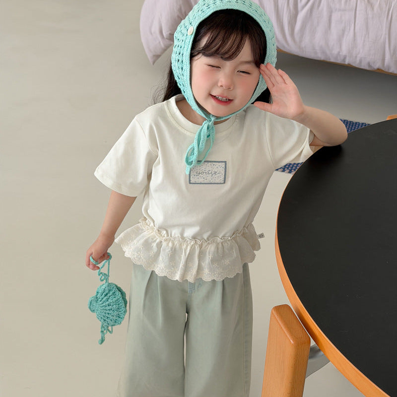 【90-140】フラワーレースヘムTシャツ