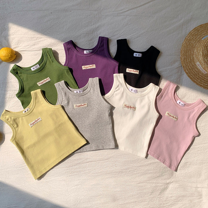 【90-150】ワンポイントワッペンノースリーブトップス