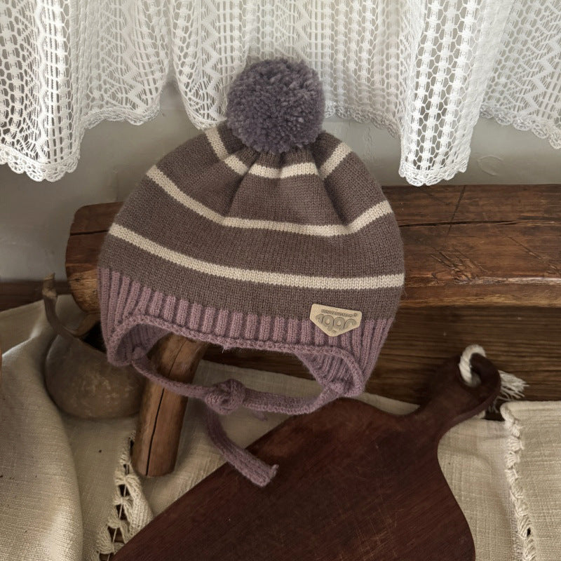 【48-52cm】あご紐付きボーダーニット帽