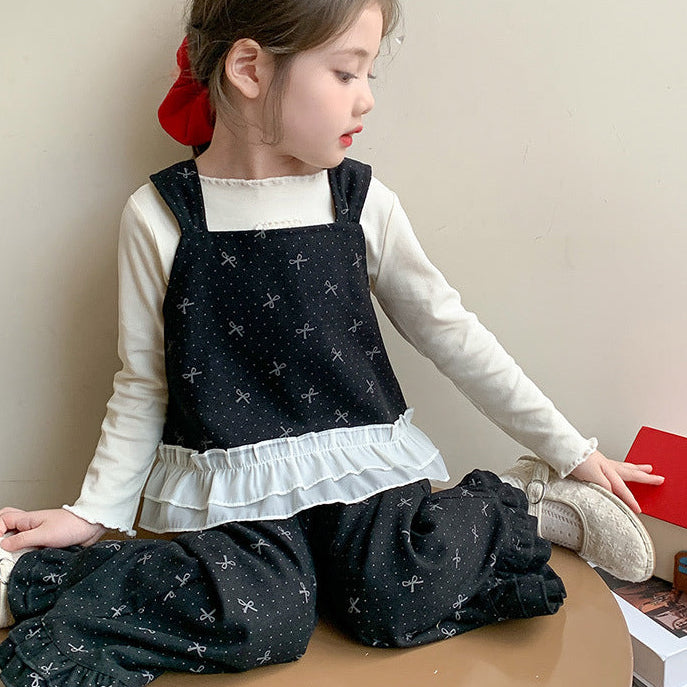 【90-140】トップス×リボン柄フリルデザインセットアップ