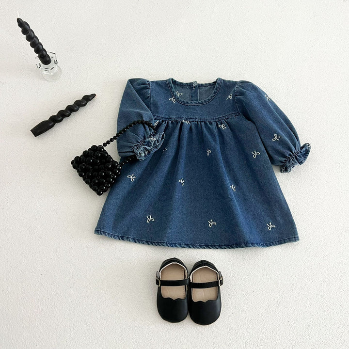【73-120】リボン刺繍デニムワンピース