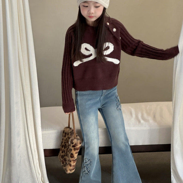 【90-150】ショルダーボタンニットトップス