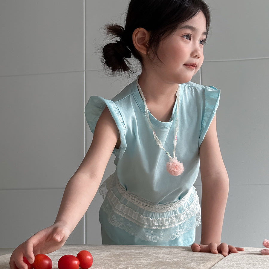 【90-140】ショルダーフリルノースリーブ×フレアパンツセット