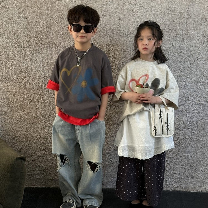 【90-150】ハート＆フラワーTシャツ