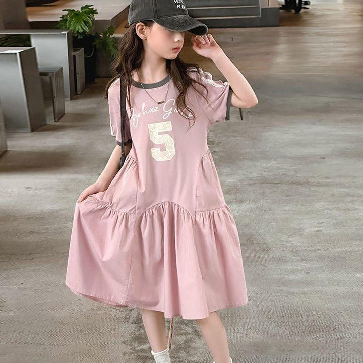 【120-150】デザイン切替半袖カジュアルワンピース