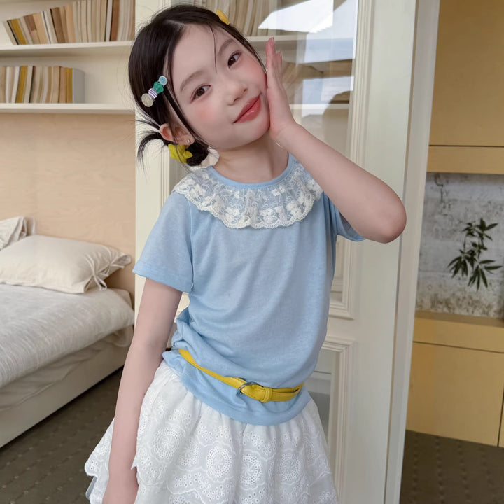 【100-150】レースラッフルカラーTシャツ