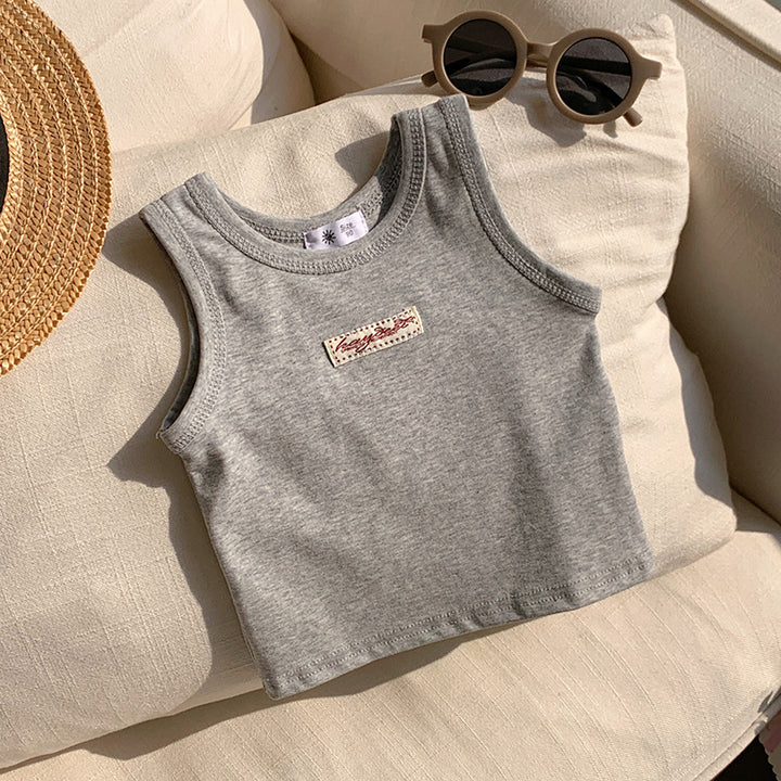 【90-150】ワンポイントワッペンノースリーブトップス