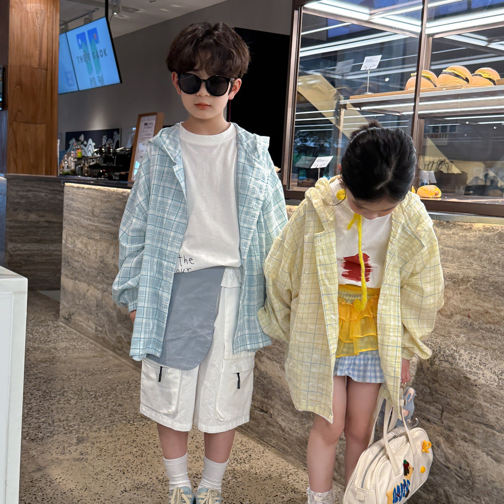 【90-150】チェック柄フーディーシャツ