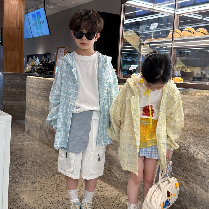 【90-150】チェック柄フーディーシャツ