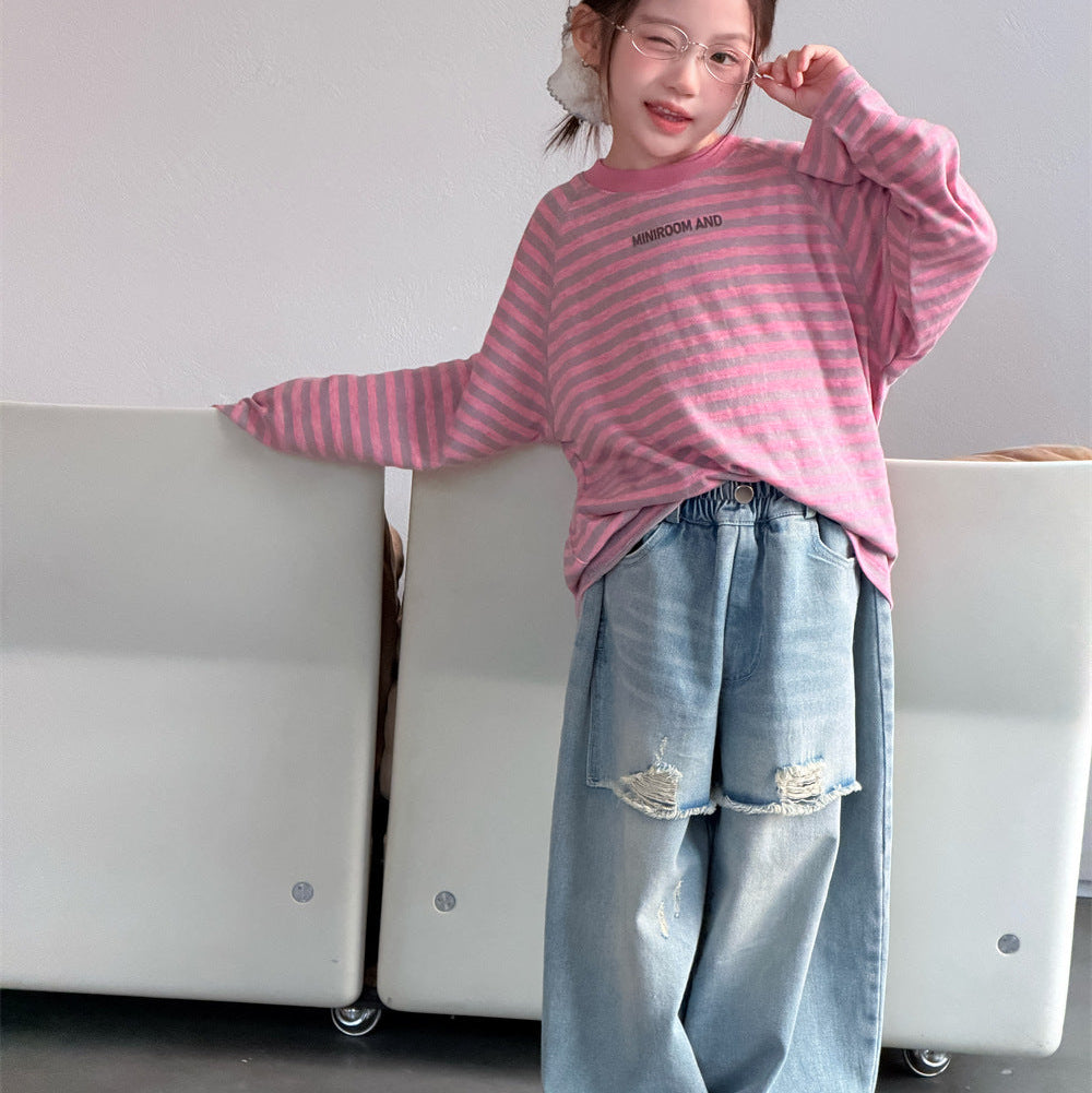 【90-150】ボーダーミニ英字ロゴ長袖Tシャツ