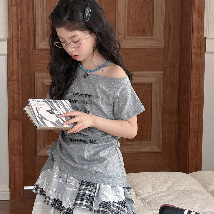 【120-150】英字ロゴウエストシャーリングTシャツ