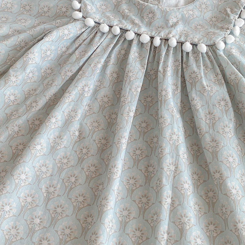 【90-140】ミニポンポンデザイン長袖ワンピース