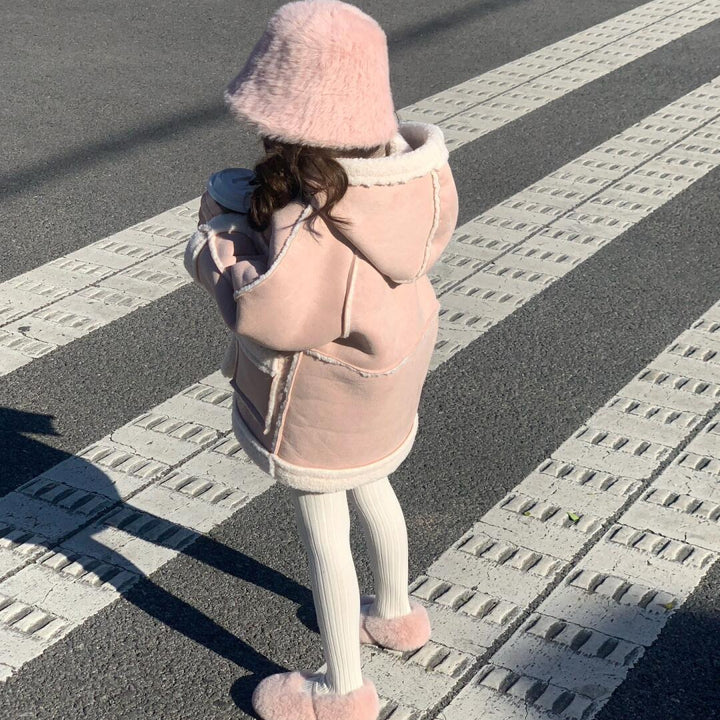 【90-140】フード付きカラーフェイクムートンショートコート