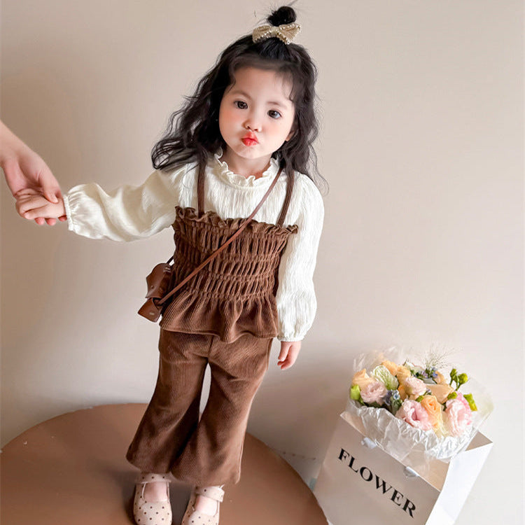 【90-140】レイヤード風トップス×フレアロングパンツセット