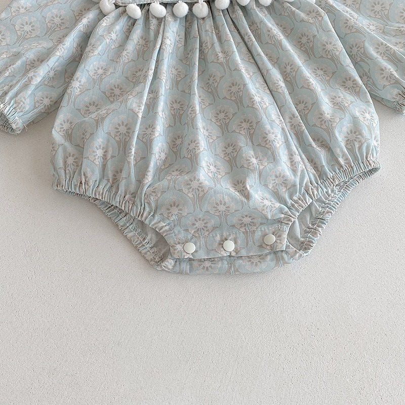 【73-90】ミニポンポンデザイン長袖ロンパース